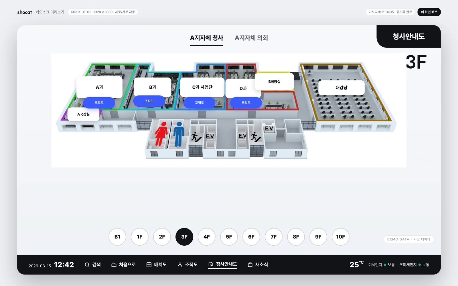 키오스크 · 3D 청사안내도 — 층 선택, 부서 위치와 조직도 연결
