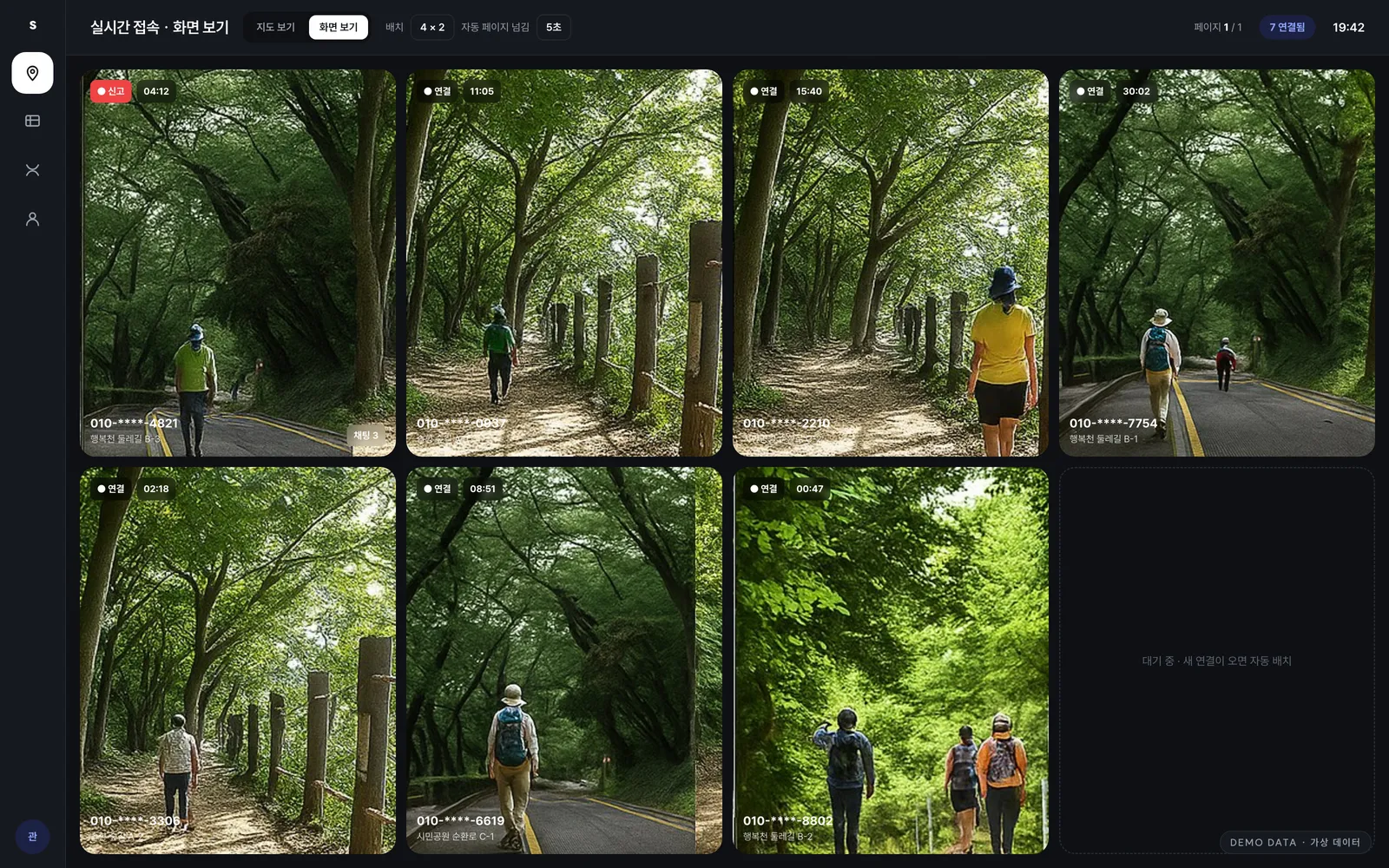 화면 보기 — 접속자 영상 다중 배치(4×2), 자동 페이지 넘김